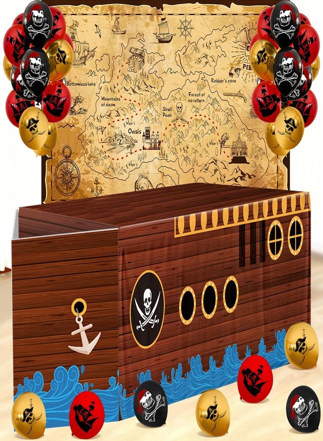 Jiytivity 21 Pcs Pirate Party Decorations Include 43" x 70" Pirate Treasure Map Backdrop 1 Pirate Party Tablecloth 1 Cardboard Pirate Ship 18 Black Red Golden Balloons for Carnival Birthday - Image 1